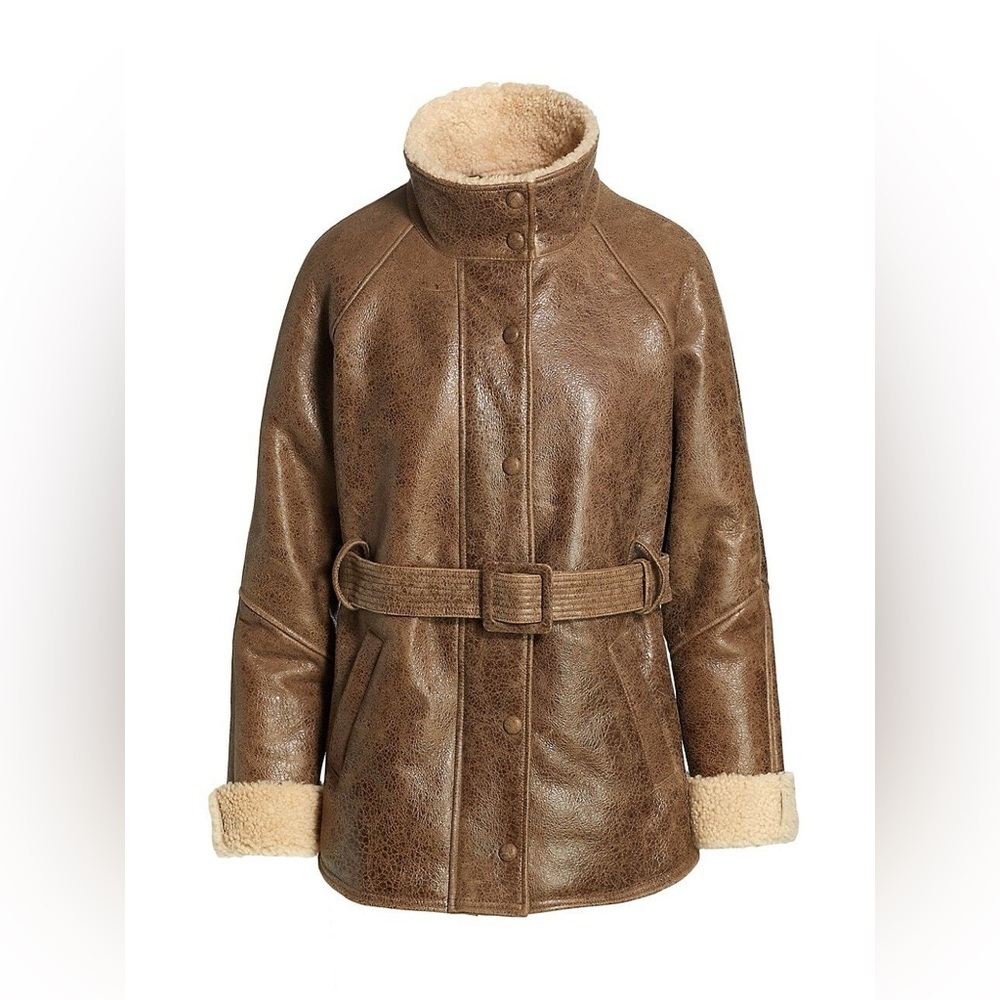 NWT $2295 Veronica Beard Bonny Shearling Leather Coat Size Funnel Neck Large 10